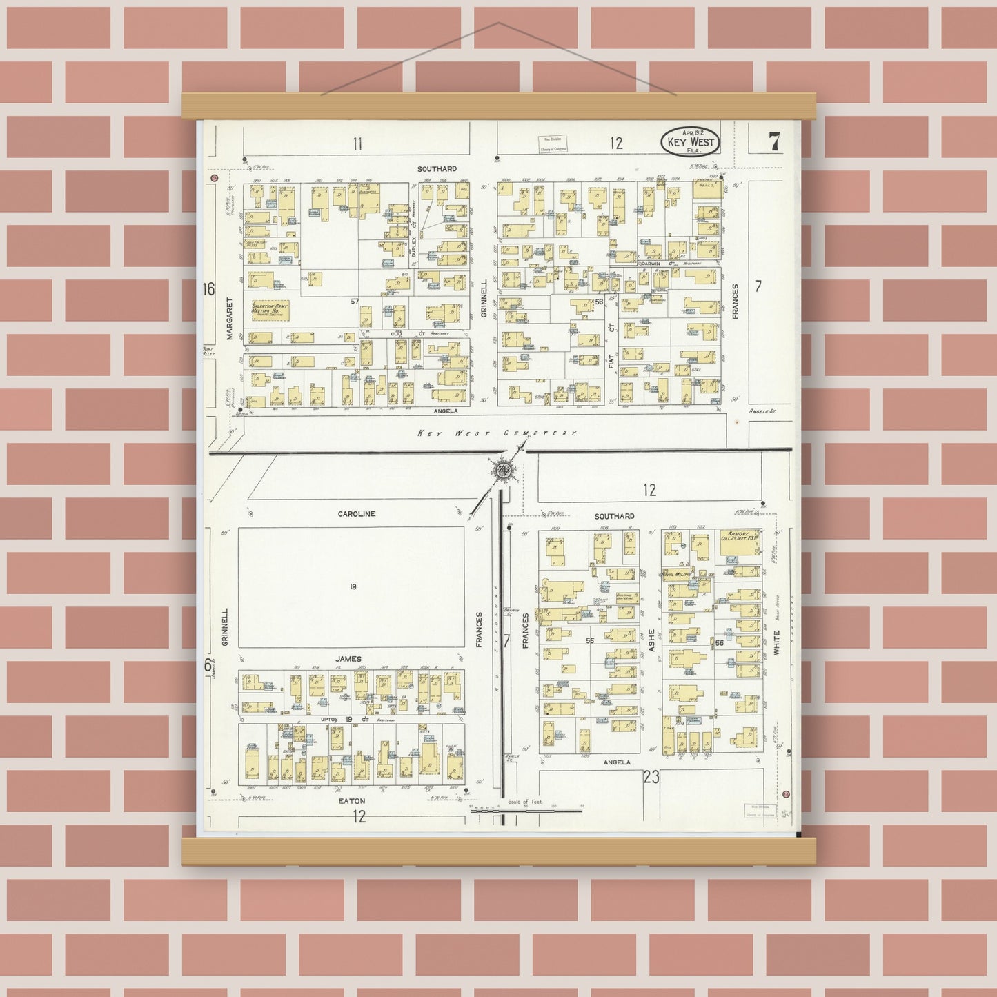 Old map wall art mockup — magnetic wood frame on brick wall — Sanborn Fire Insurance Map from Key West, Monroe County, Florida (1912), Sheet #0007