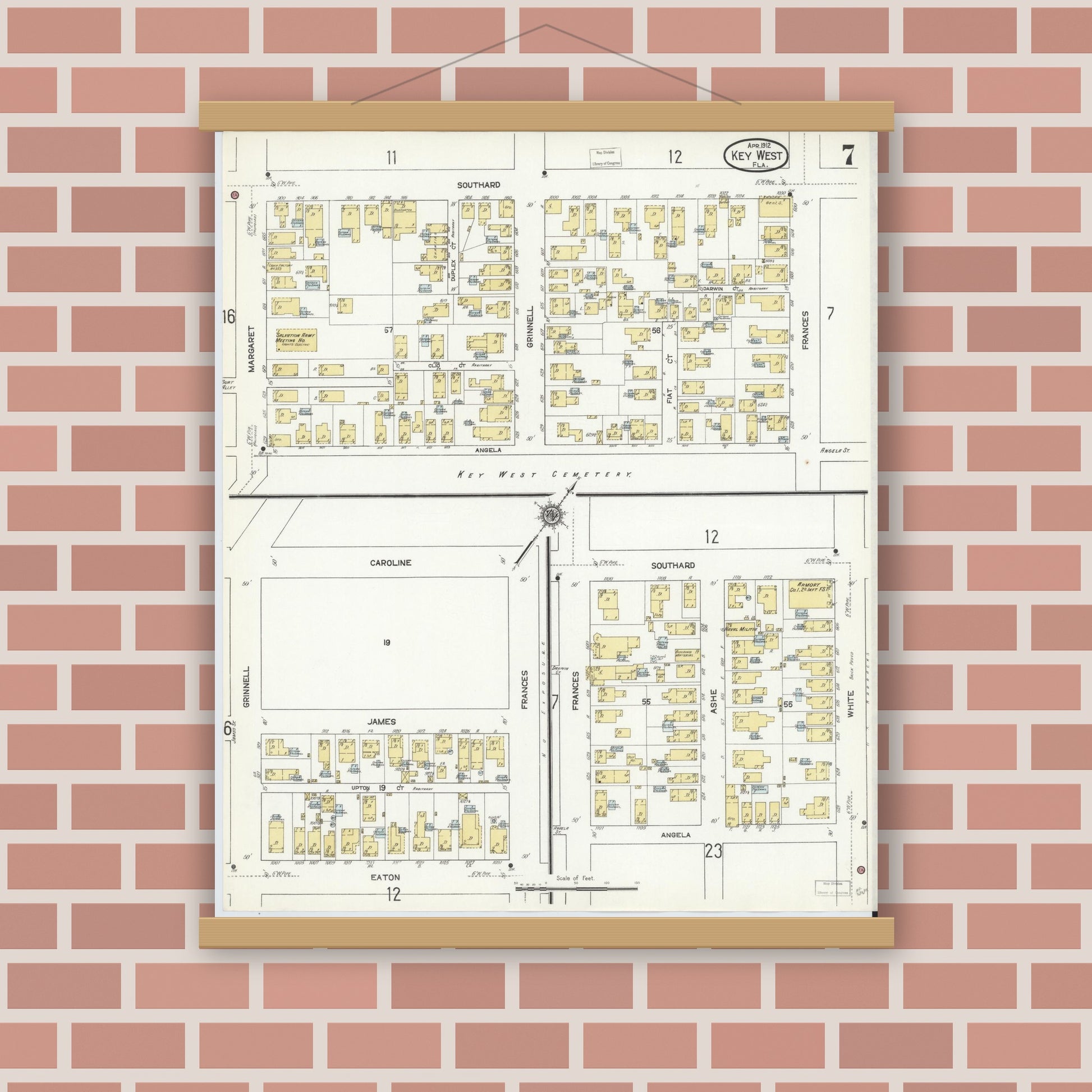 Old map wall art mockup — magnetic wood frame on brick wall — Sanborn Fire Insurance Map from Key West, Monroe County, Florida (1912), Sheet #0007