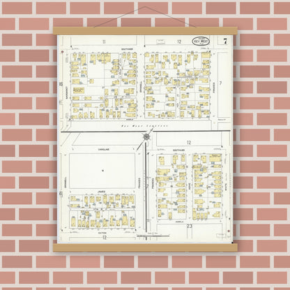 Old map wall art mockup — magnetic wood frame on brick wall — Sanborn Fire Insurance Map from Key West, Monroe County, Florida (1912), Sheet #0007