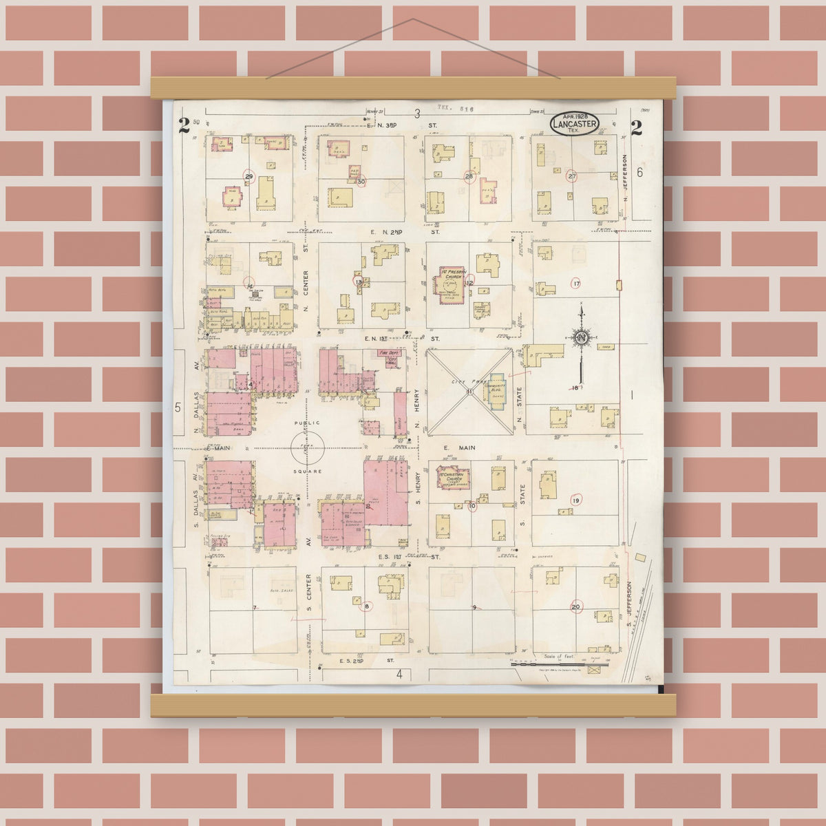 Old map wall art mockup — magnetic wood frame on brick wall — Sanborn Fire Insurance Map from Lancaster, Dallas County, Texas (1939), Sheet #0002