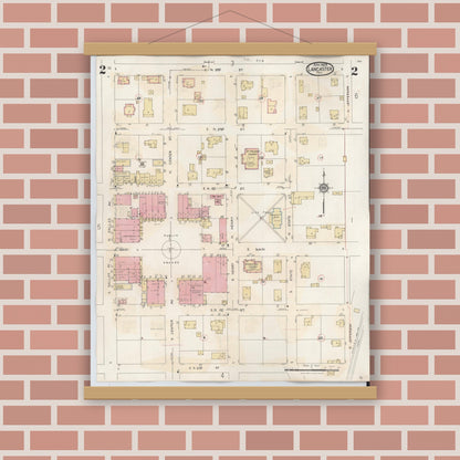 Old map wall art mockup — magnetic wood frame on brick wall — Sanborn Fire Insurance Map from Lancaster, Dallas County, Texas (1939), Sheet #0002
