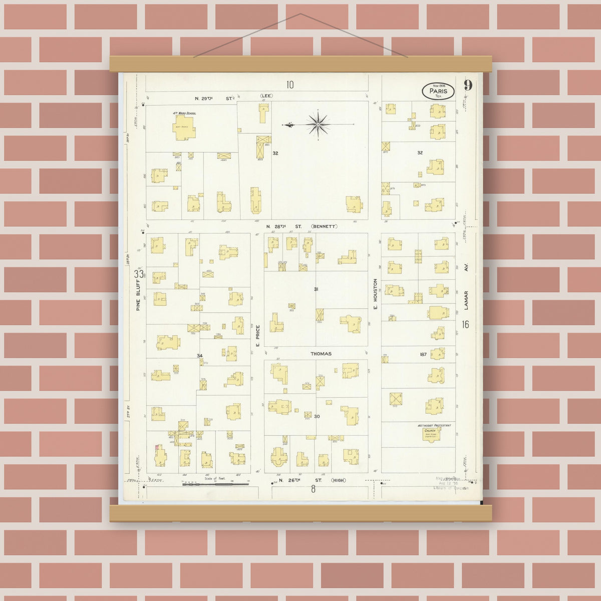 Old map wall art mockup — magnetic wood frame on brick wall — Sanborn Fire Insurance Map from Paris, Lamar County, Texas (1908), Sheet #0009