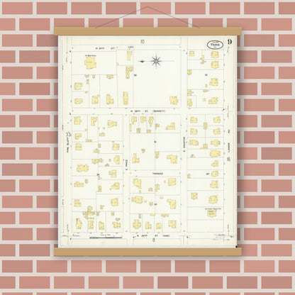Old map wall art mockup — magnetic wood frame on brick wall — Sanborn Fire Insurance Map from Paris, Lamar County, Texas (1908), Sheet #0009