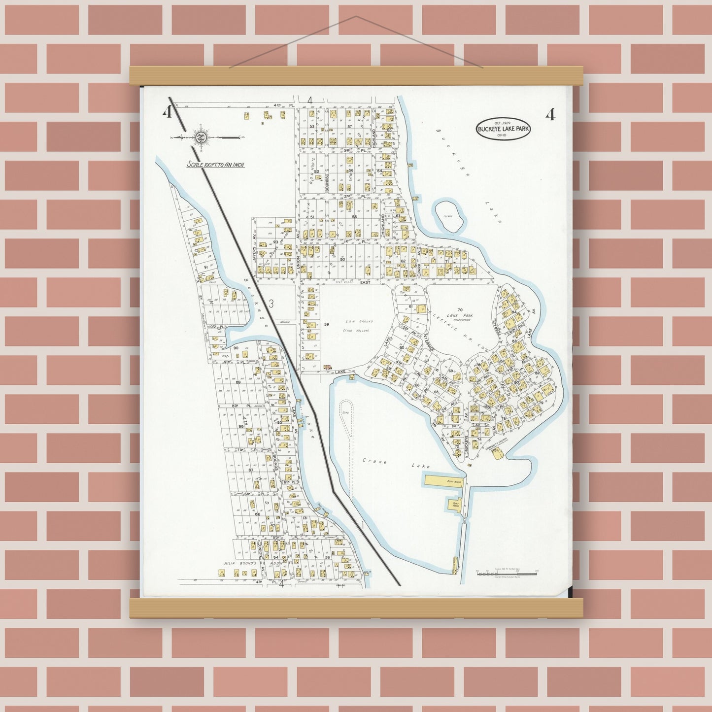Old map wall art mockup — magnetic wood frame on brick wall — Sanborn Fire Insurance Map from Buckeye Lake, Licking County, Ohio (1929), Sheet #0004