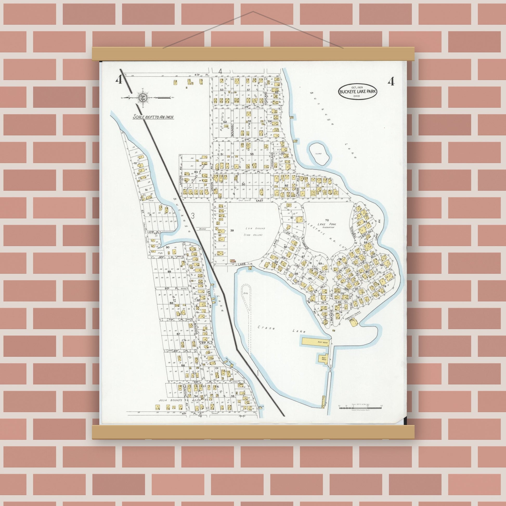 Old map wall art mockup — magnetic wood frame on brick wall — Sanborn Fire Insurance Map from Buckeye Lake, Licking County, Ohio (1929), Sheet #0004