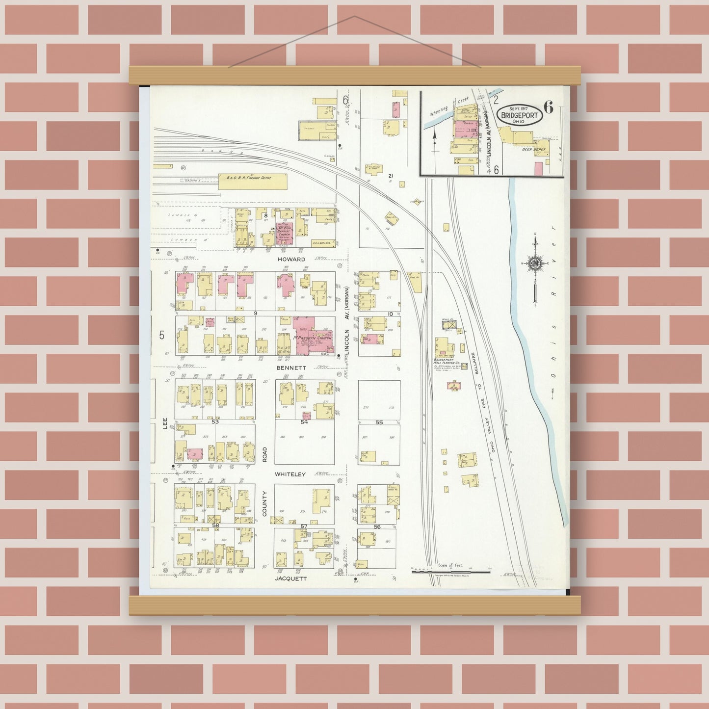 Old map wall art mockup — magnetic wood frame on brick wall — Sanborn Fire Insurance Map from Bridgeport, Belmont County, Ohio (1917), Sheet #0006