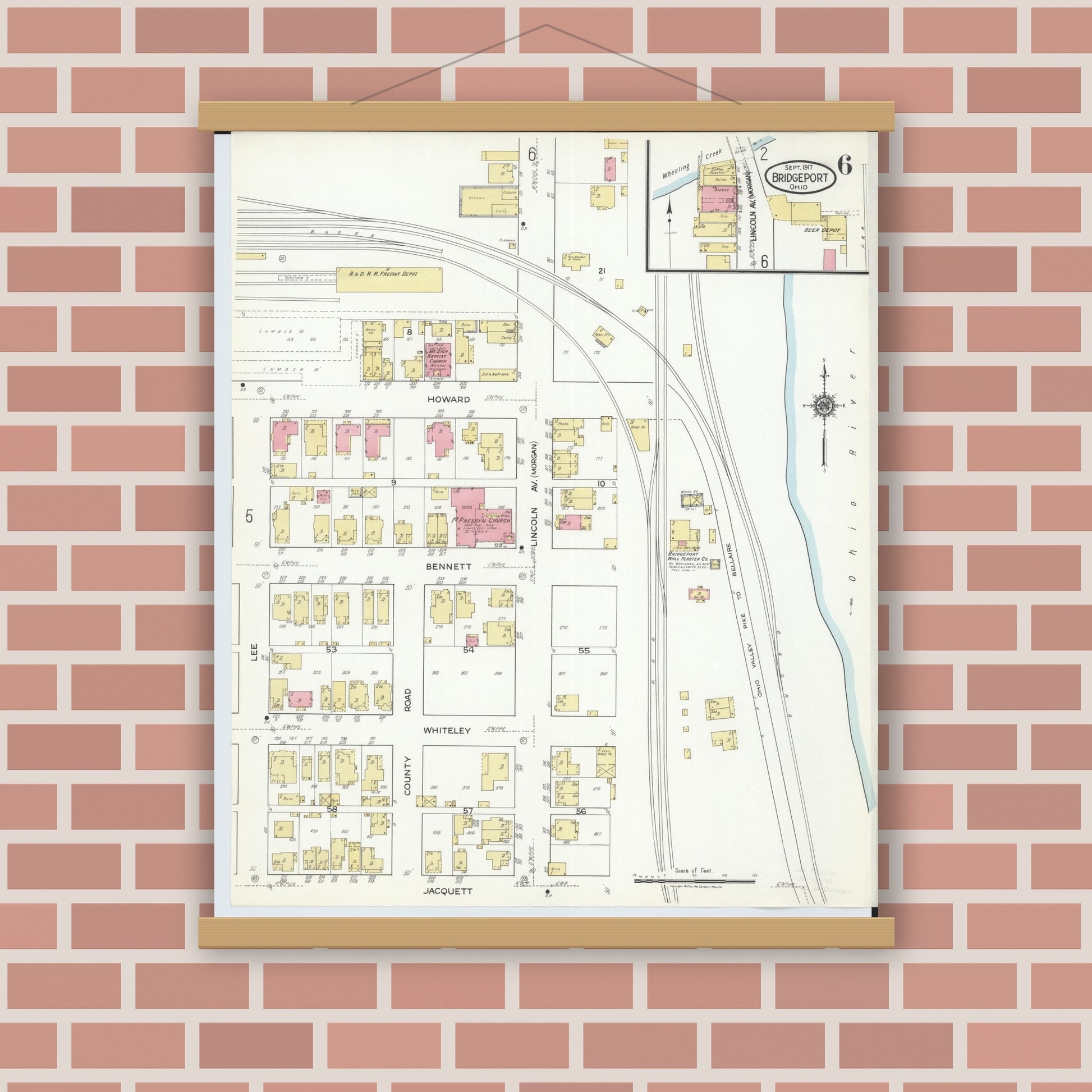 Old map wall art mockup — magnetic wood frame on brick wall — Sanborn Fire Insurance Map from Bridgeport, Belmont County, Ohio (1917), Sheet #0006
