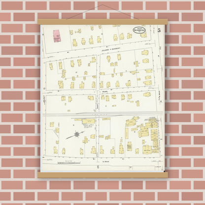 Old map wall art mockup — magnetic wood frame on brick wall — Sanborn Fire Insurance Map from Bainbridge, Chenango County, New York (1912), Sheet #0005