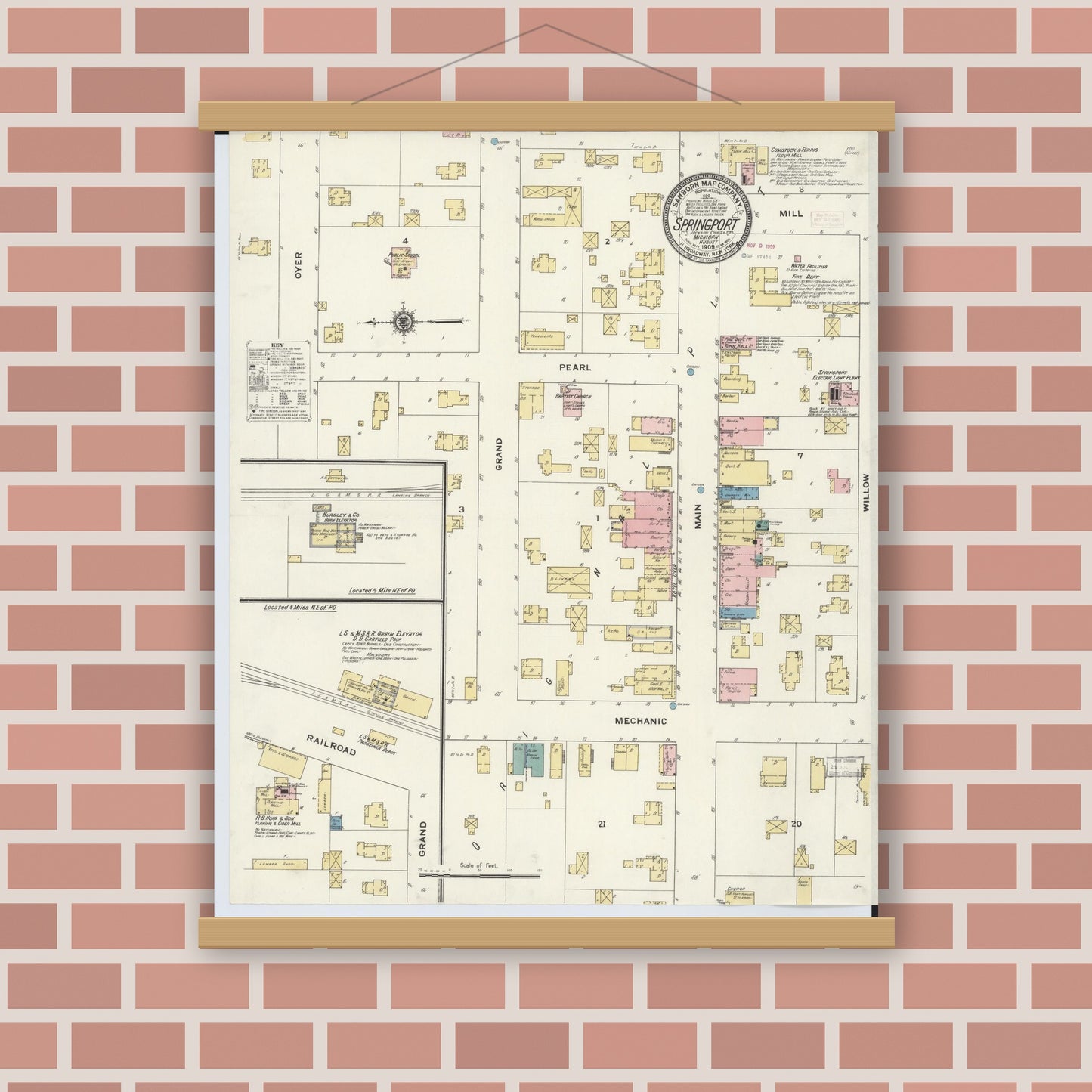 Old map wall art mockup — magnetic wood frame on brick wall — Sanborn Fire Insurance Map from Springport, Jackson County, Michigan (1909), Sheet #0001