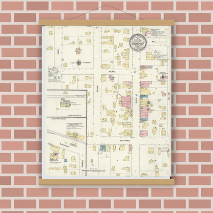 Old map wall art mockup — magnetic wood frame on brick wall — Sanborn Fire Insurance Map from Springport, Jackson County, Michigan (1909), Sheet #0001