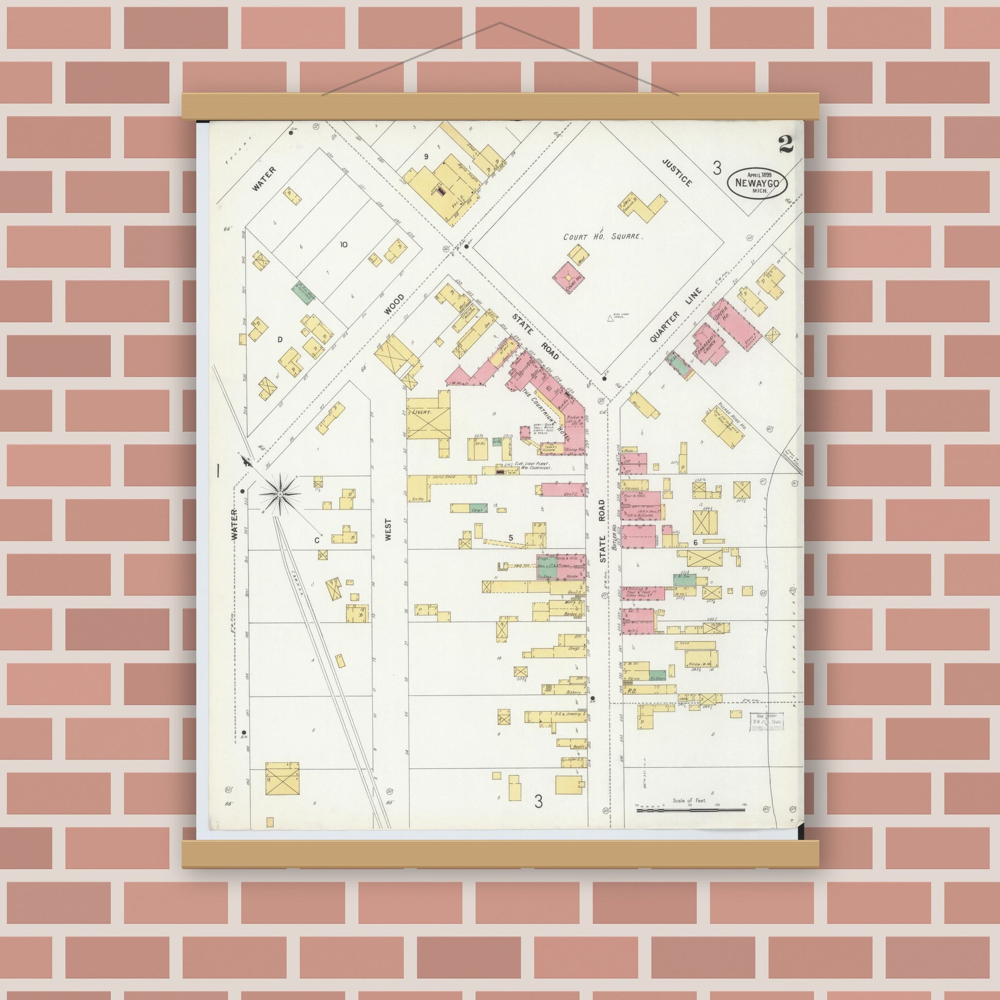 Old map wall art mockup — magnetic wood frame on brick wall — Sanborn Fire Insurance Map from Newaygo, Newaygo County, Michigan (1899), Sheet #0002
