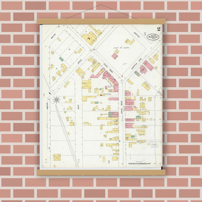 Old map wall art mockup — magnetic wood frame on brick wall — Sanborn Fire Insurance Map from Newaygo, Newaygo County, Michigan (1899), Sheet #0002