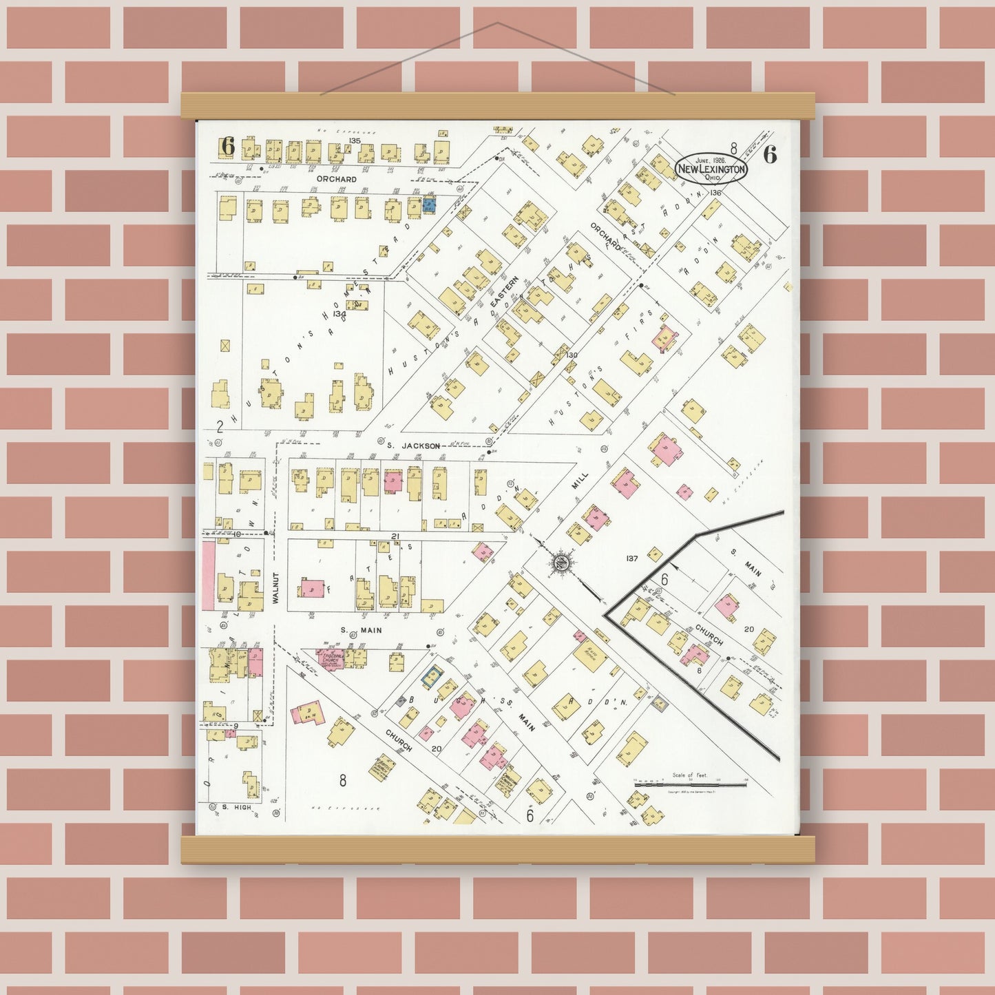 Old map wall art mockup — magnetic wood frame on brick wall — Sanborn Fire Insurance Map from New Lexington, Perry County, Ohio (1926), Sheet #0006