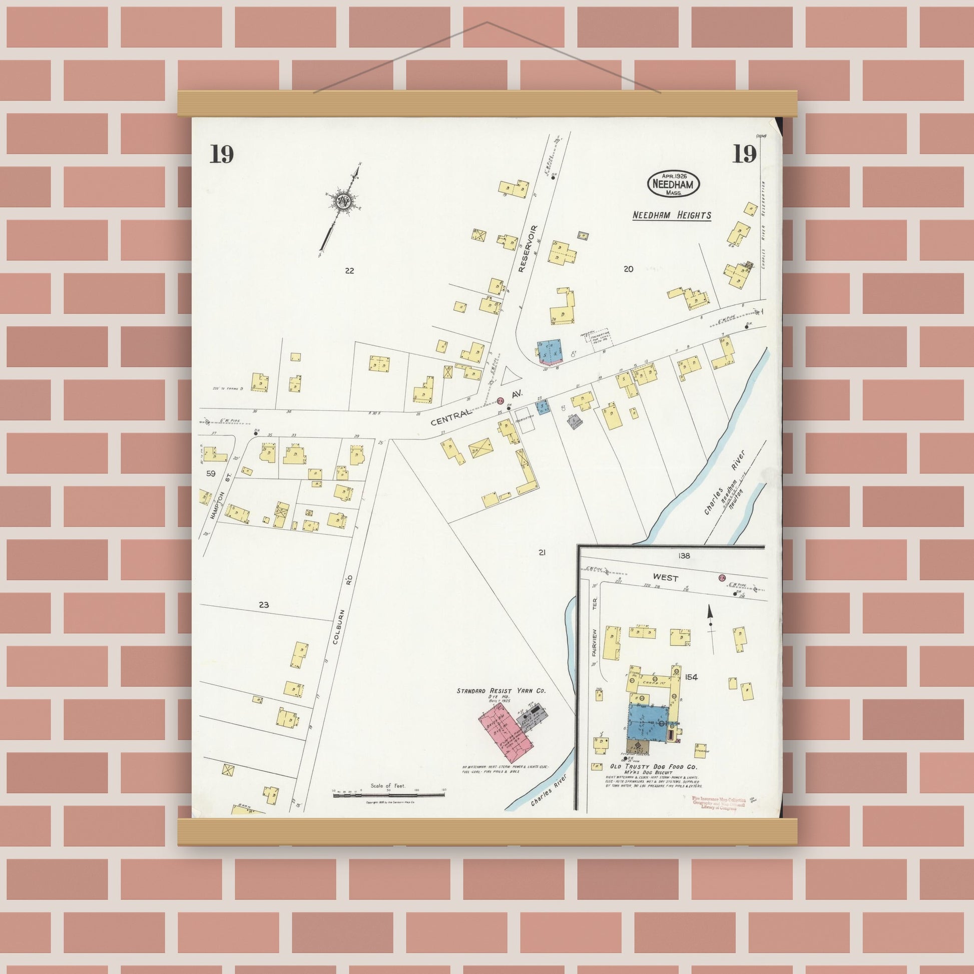 Old map wall art mockup — magnetic wood frame on brick wall — Sanborn Fire Insurance Map from Needham, Norfolk County, Massachusetts (1926), Sheet #0019