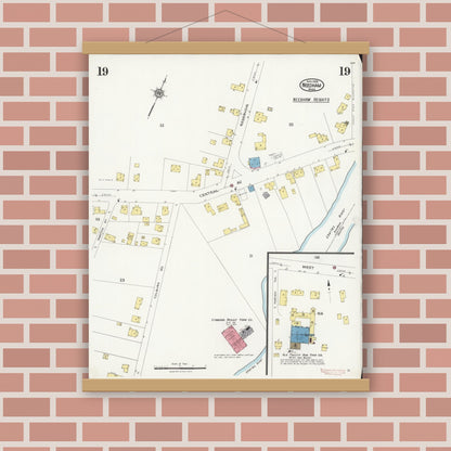 Old map wall art mockup — magnetic wood frame on brick wall — Sanborn Fire Insurance Map from Needham, Norfolk County, Massachusetts (1926), Sheet #0019