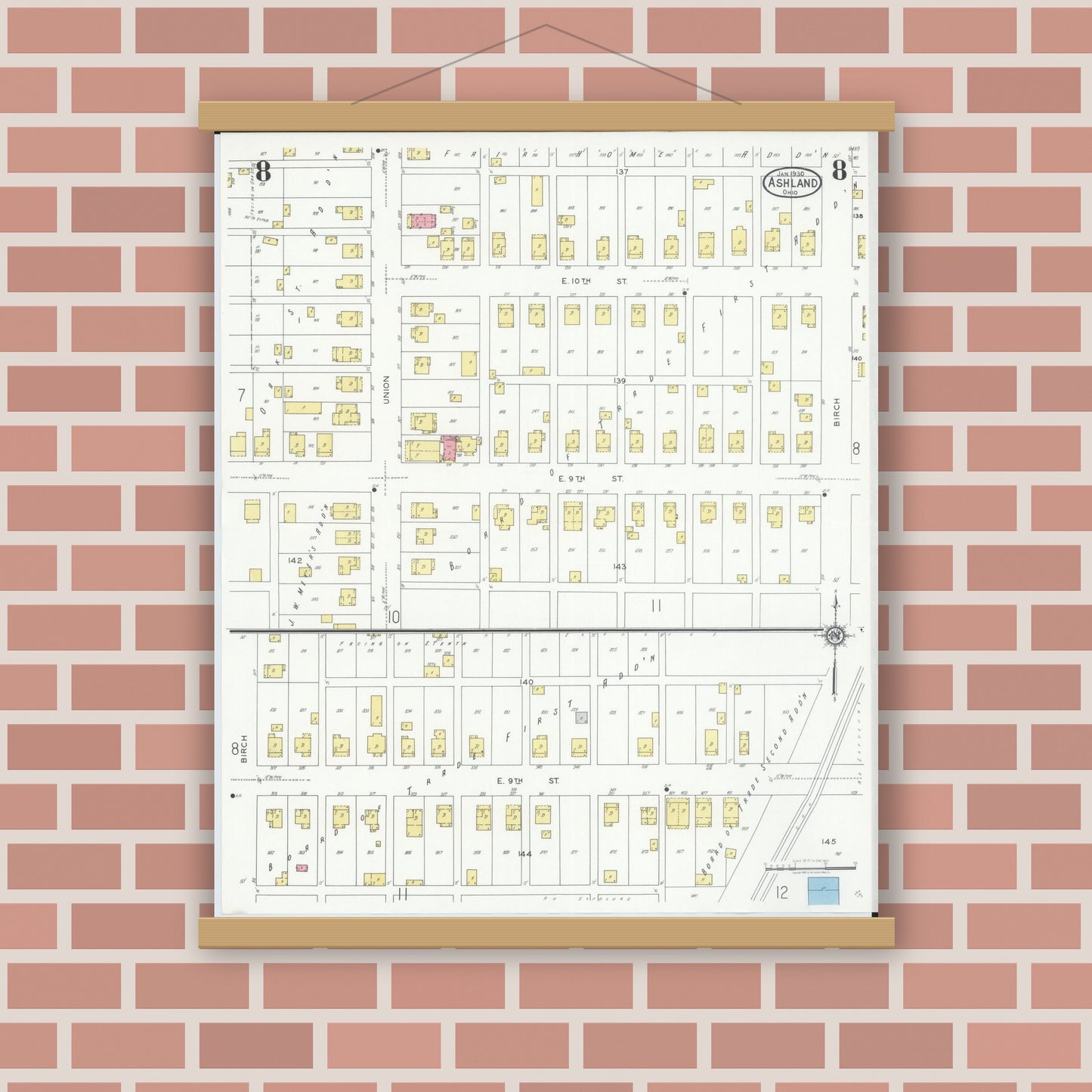 Old map wall art mockup — magnetic wood frame on brick wall — Sanborn Fire Insurance Map from Ashland, Ashland County, Ohio (1930), Sheet #0008