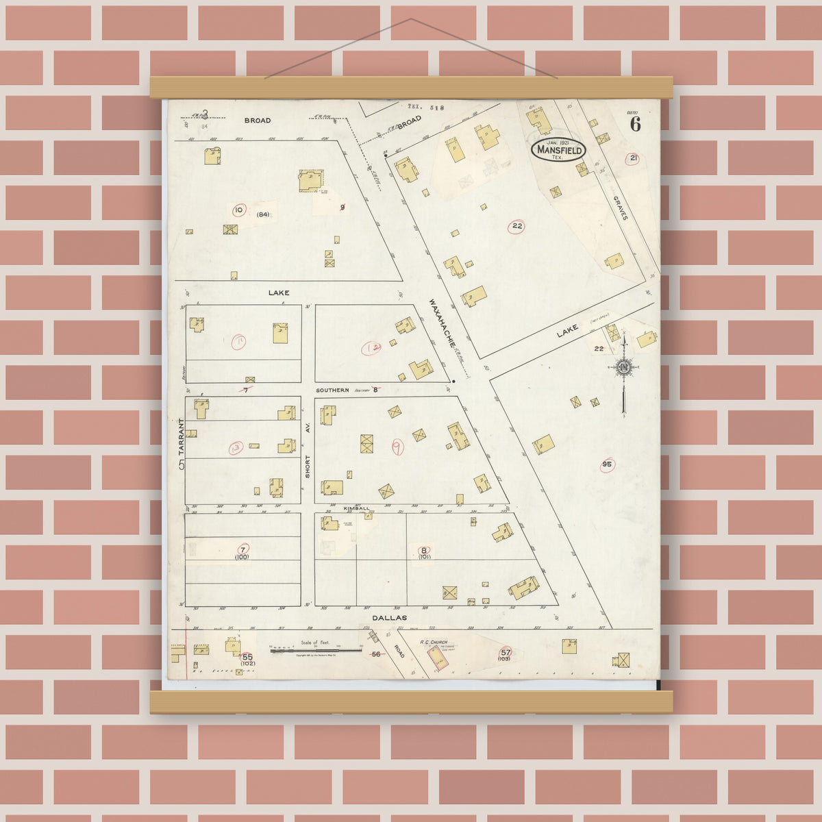Old map wall art mockup — magnetic wood frame on brick wall — Sanborn Fire Insurance Map from Mansfield, Tarrant County, Texas (1933), Sheet #0006