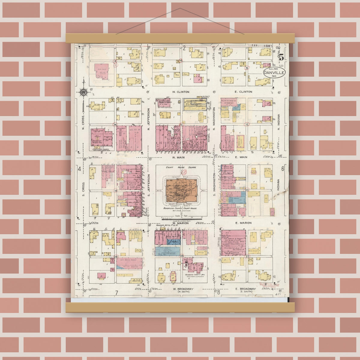 Old map wall art mockup — magnetic wood frame on brick wall — Sanborn Fire Insurance Map from Danville, Hendricks County, Indiana (1932), Sheet #0005