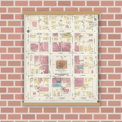 Old map wall art mockup — magnetic wood frame on brick wall — Sanborn Fire Insurance Map from Danville, Hendricks County, Indiana (1932), Sheet #0005