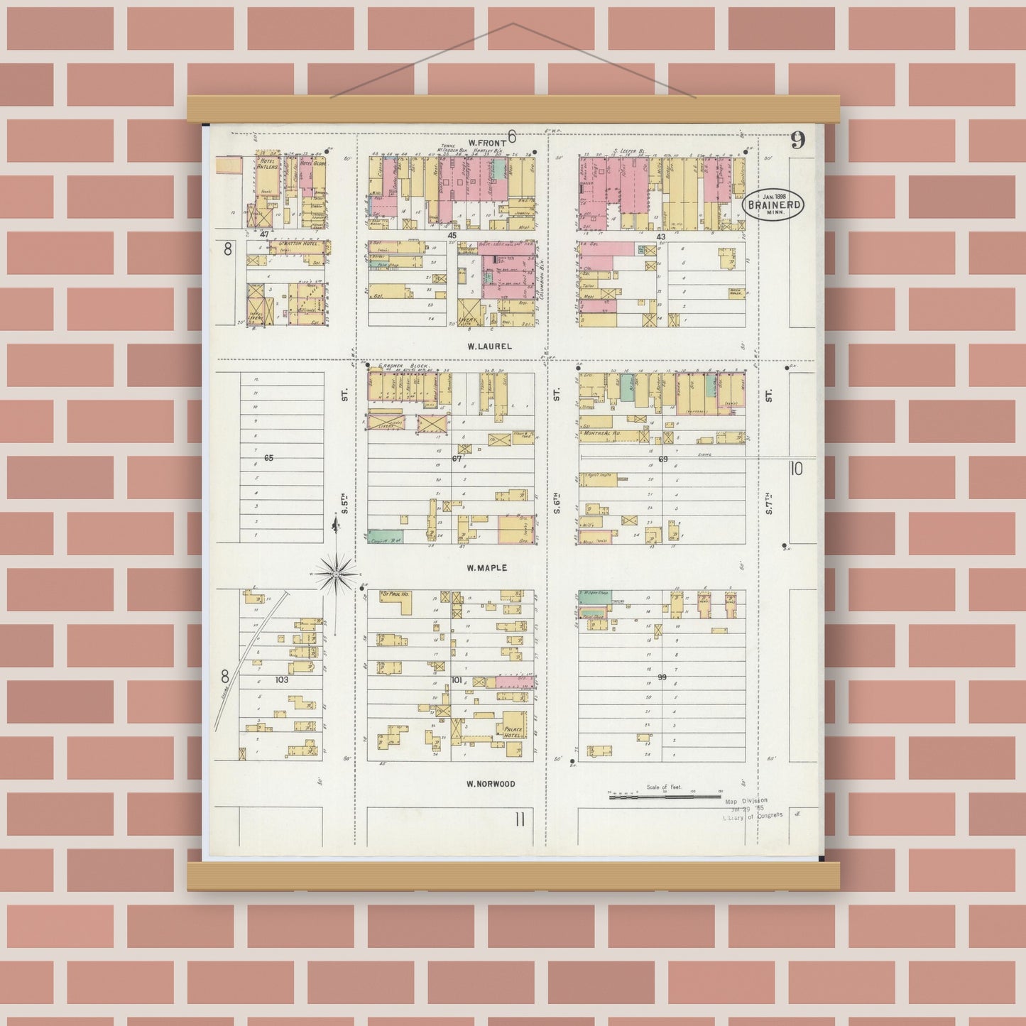 Old map wall art mockup — magnetic wood frame on brick wall — Sanborn Fire Insurance Map from Brainerd, Crow Wing County, Minnesota (1898), Sheet #0009