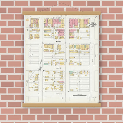 Old map wall art mockup — magnetic wood frame on brick wall — Sanborn Fire Insurance Map from Brainerd, Crow Wing County, Minnesota (1898), Sheet #0009