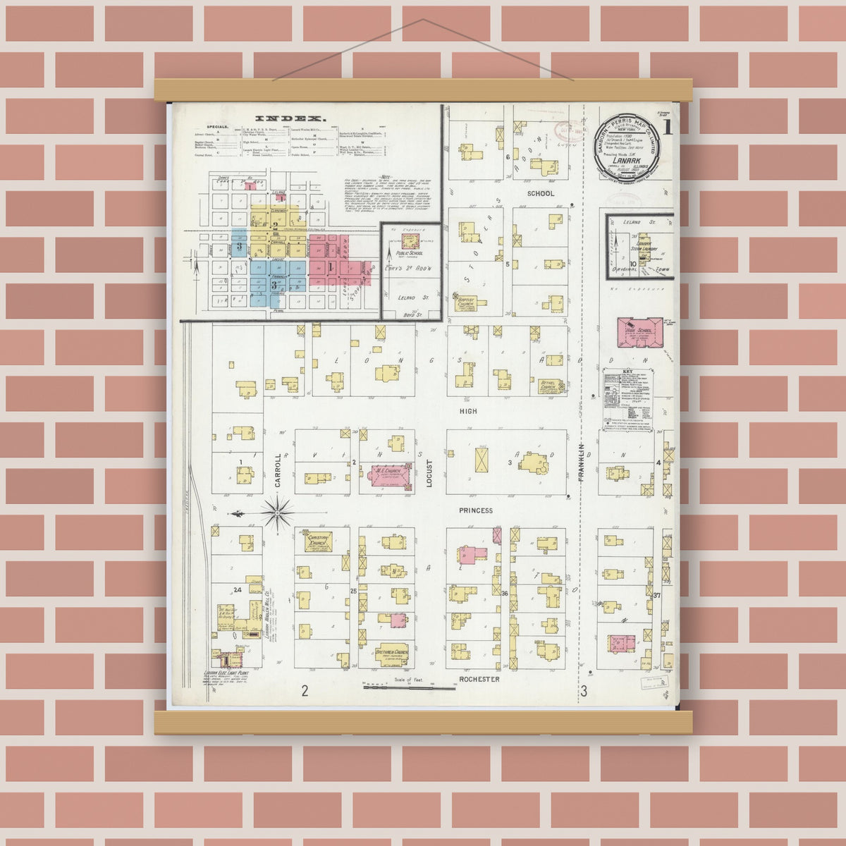 Old map wall art mockup — magnetic wood frame on brick wall — Sanborn Fire Insurance Map from Lanark, Carroll County, Illinois (1899) - Complete Map Set