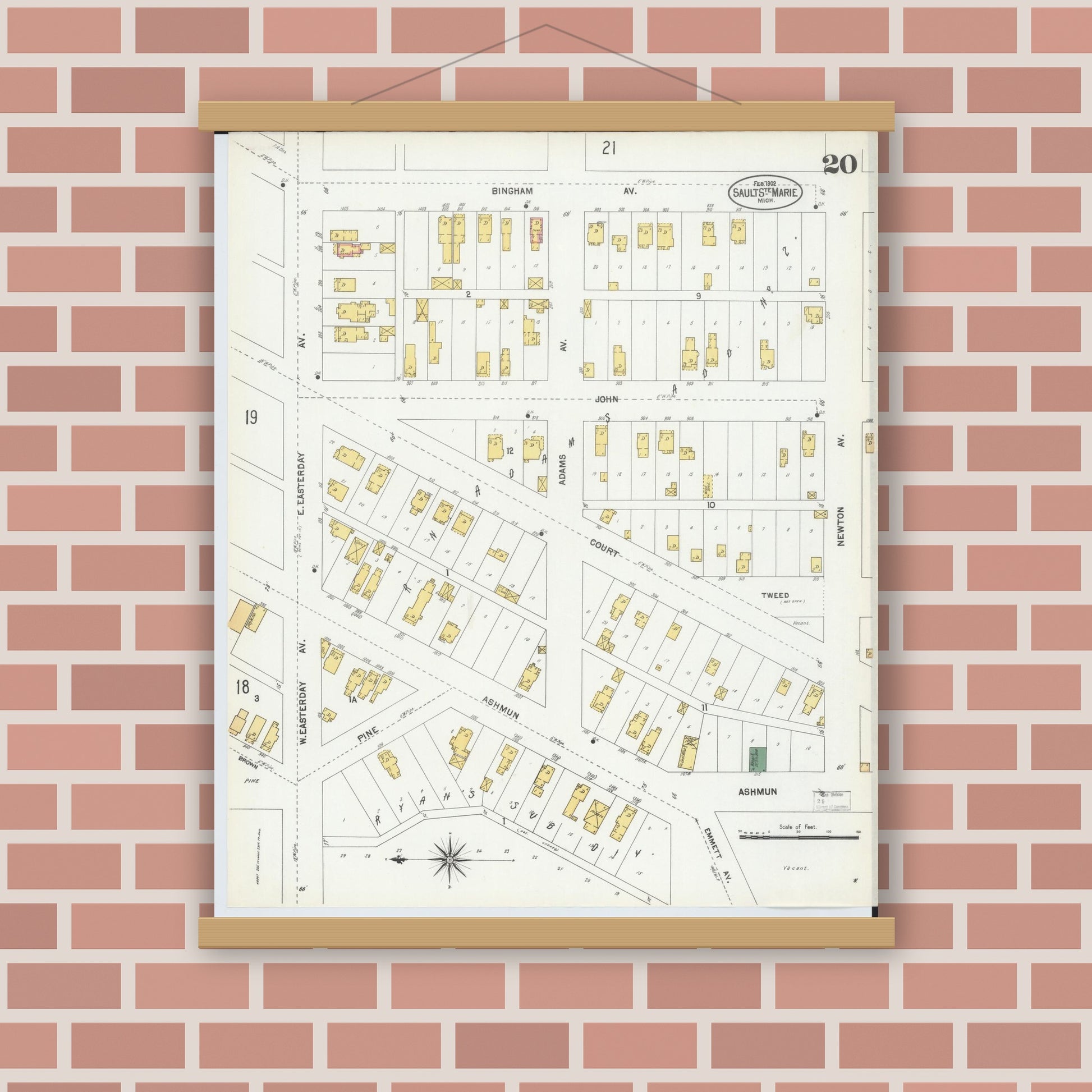 Old map wall art mockup — magnetic wood frame on brick wall — Sanborn Fire Insurance Map from Sault Sainte Marie, Chippewa County, Michigan (1902), Sheet #0020