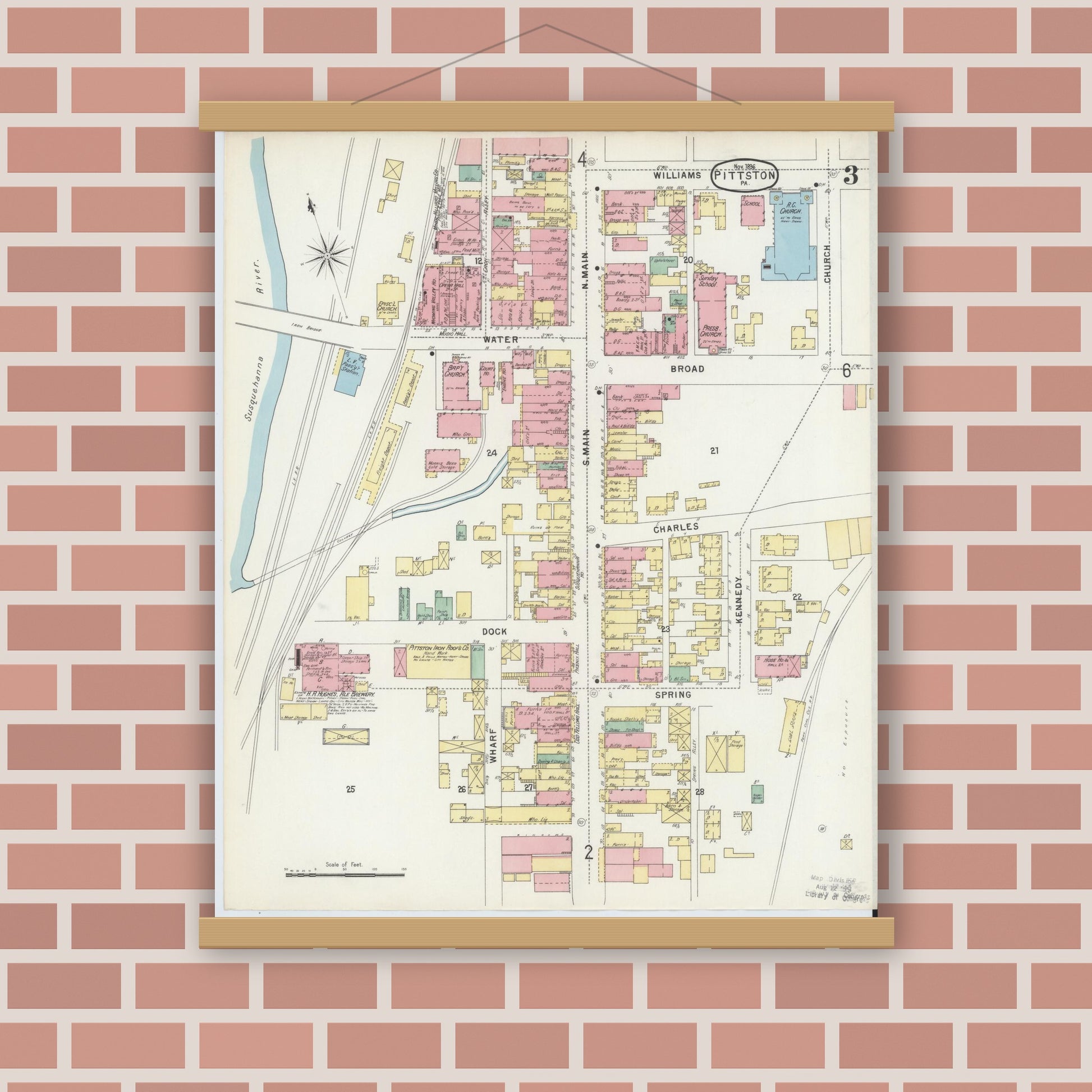 Old map wall art mockup — magnetic wood frame on brick wall — Sanborn Fire Insurance Map from Pittston, Luzerne County, Pennsylvania (1896), Sheet #0003