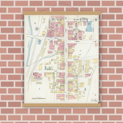 Old map wall art mockup — magnetic wood frame on brick wall — Sanborn Fire Insurance Map from Pittston, Luzerne County, Pennsylvania (1896), Sheet #0003