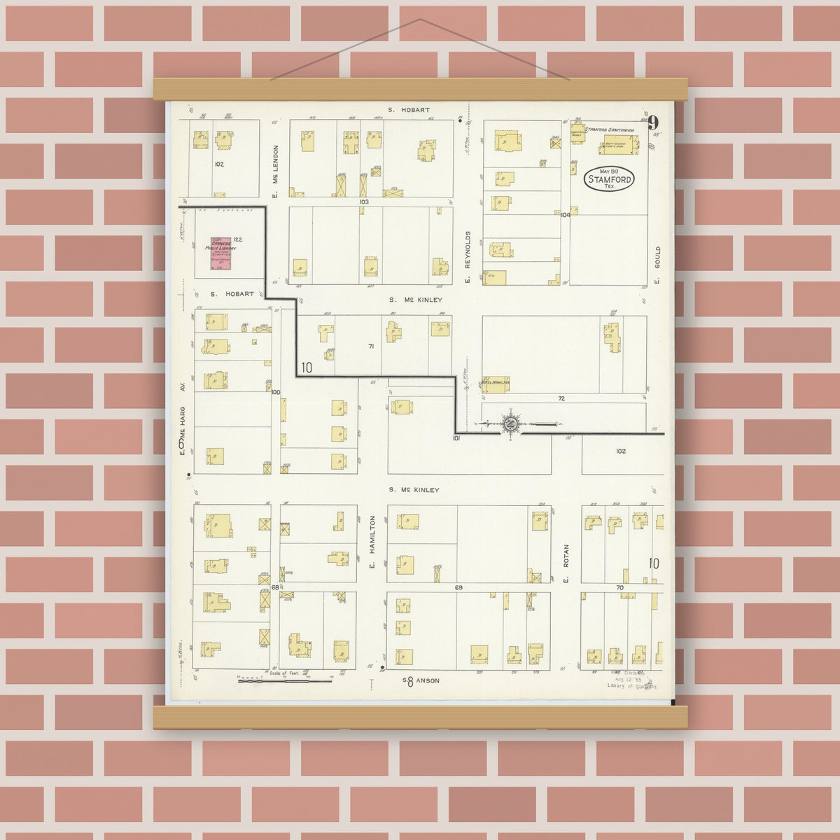 Old map wall art mockup — magnetic wood frame on brick wall — Sanborn Fire Insurance Map from Stamford, Jones County, Texas (1913), Sheet #0009