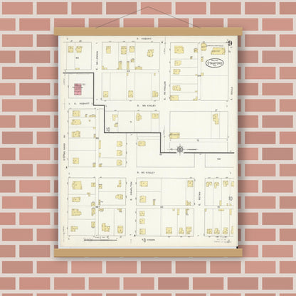Old map wall art mockup — magnetic wood frame on brick wall — Sanborn Fire Insurance Map from Stamford, Jones County, Texas (1913), Sheet #0009