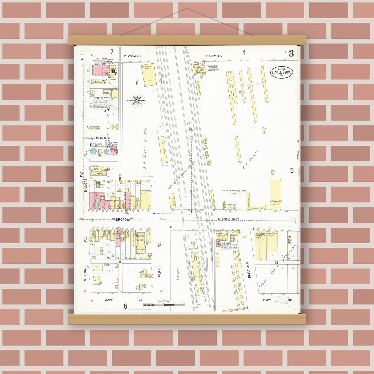 Old map wall art mockup — magnetic wood frame on brick wall — Sanborn Fire Insurance Map from Eagle Grove, Wright County, Iowa (1900), Sheet #0003