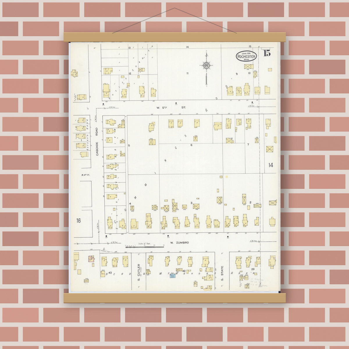 Old map wall art mockup — magnetic wood frame on brick wall — Sanborn Fire Insurance Map from Rochester, Olmsted County, Minnesota (1914), Sheet #0015