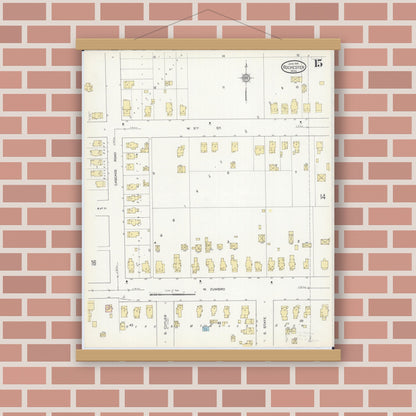 Old map wall art mockup — magnetic wood frame on brick wall — Sanborn Fire Insurance Map from Rochester, Olmsted County, Minnesota (1914), Sheet #0015