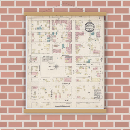 Old map wall art mockup — magnetic wood frame on brick wall — Sanborn Fire Insurance Map from Platteville, Grant County, Wisconsin (1884), Sheet #0001