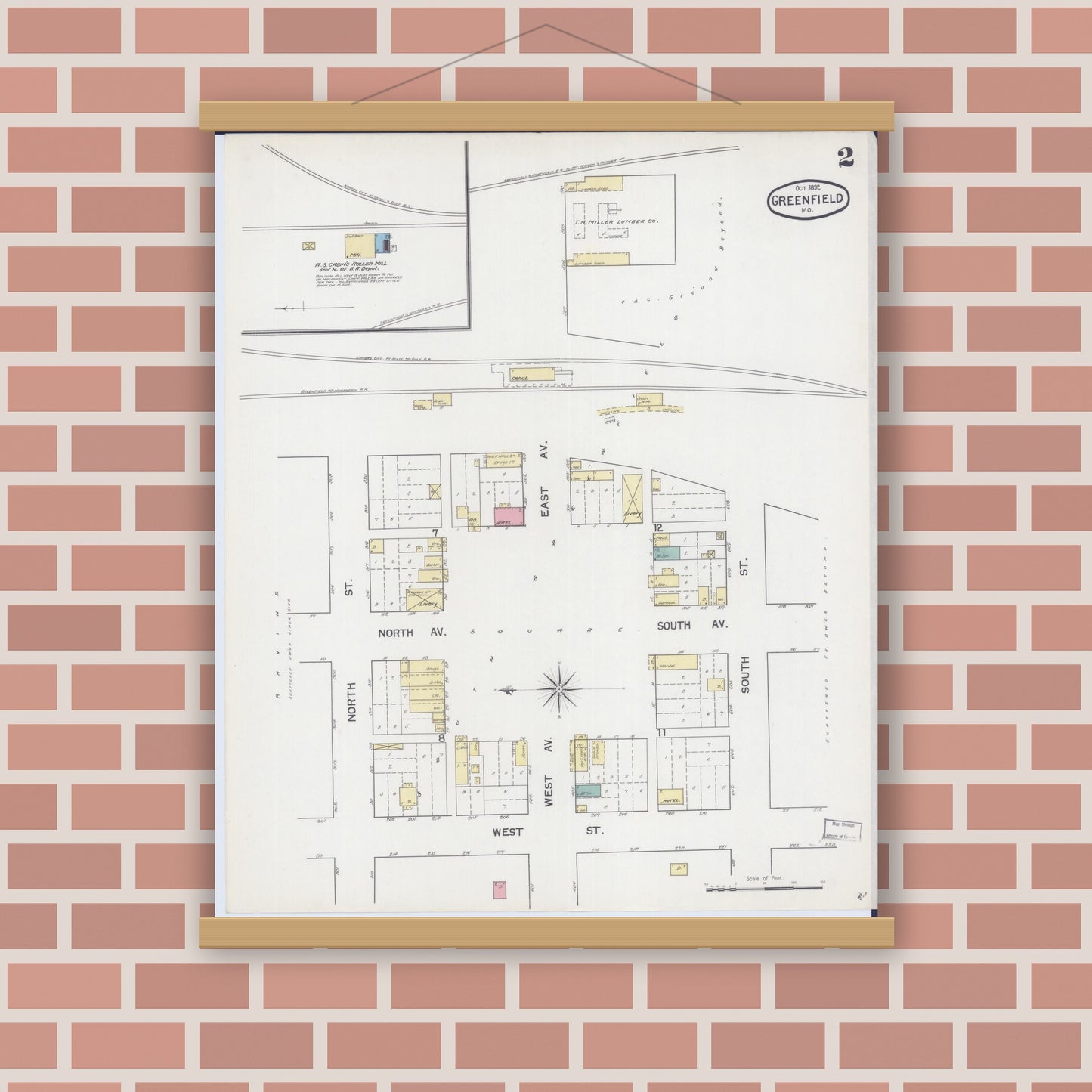 Old map wall art mockup — magnetic wood frame on brick wall — Sanborn Fire Insurance Map from Greenfield, Dade County, Missouri (1892), Sheet #0002