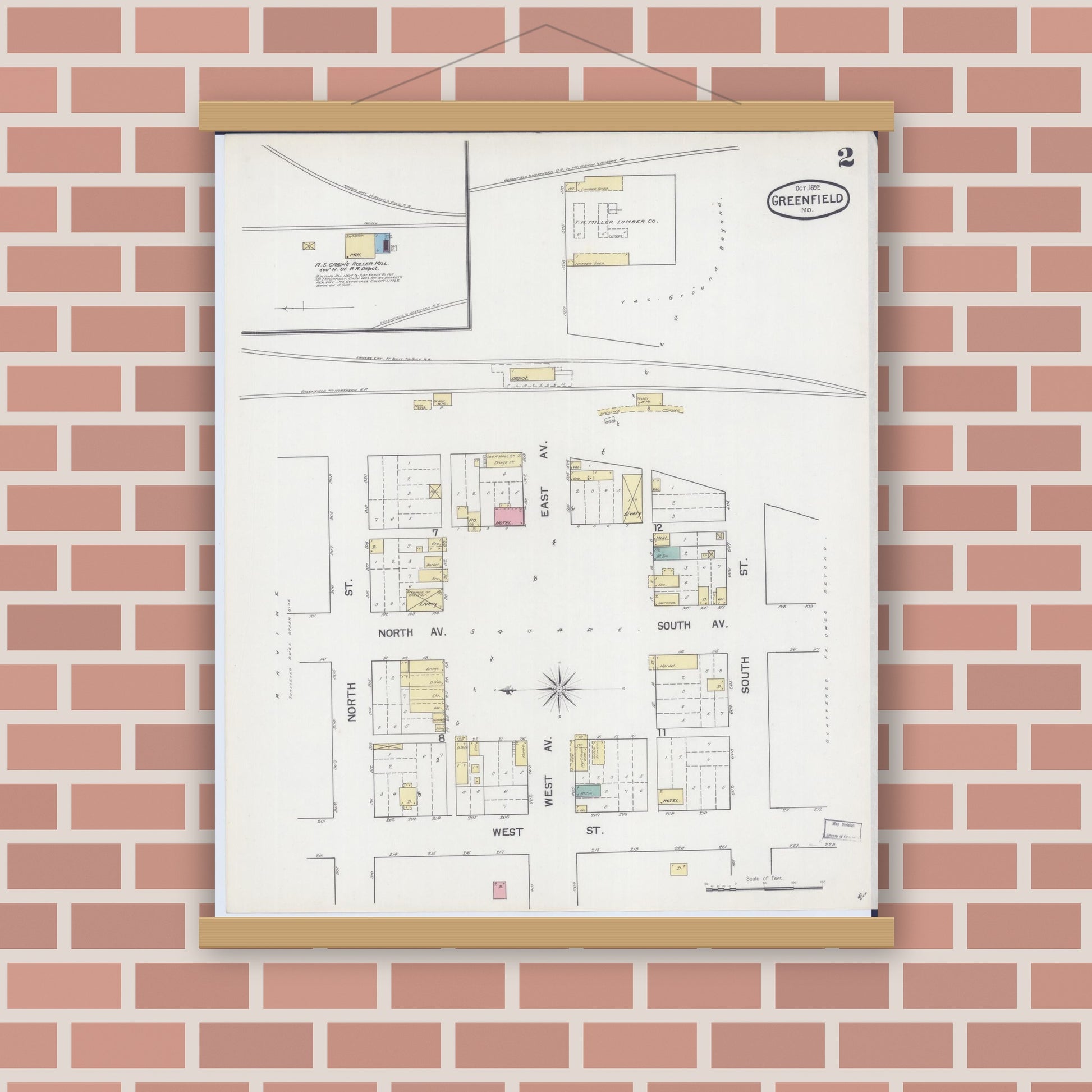 Old map wall art mockup — magnetic wood frame on brick wall — Sanborn Fire Insurance Map from Greenfield, Dade County, Missouri (1892), Sheet #0002