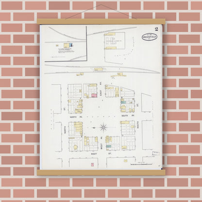 Old map wall art mockup — magnetic wood frame on brick wall — Sanborn Fire Insurance Map from Greenfield, Dade County, Missouri (1892), Sheet #0002