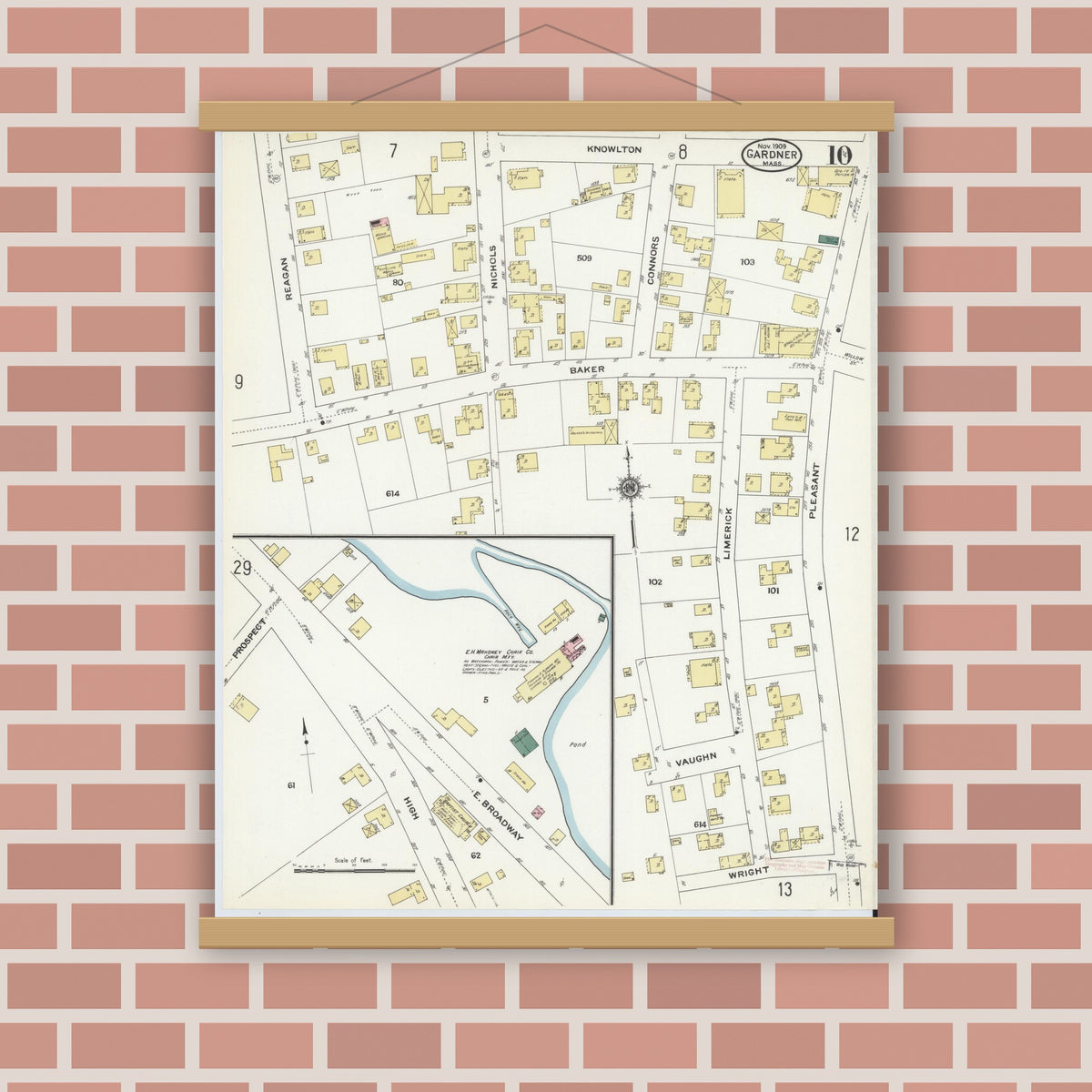 Old map wall art mockup — magnetic wood frame on brick wall — Sanborn Fire Insurance Map from Gardner, Worcester County, Massachusetts (1909), Sheet #0010
