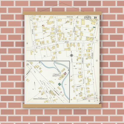 Old map wall art mockup — magnetic wood frame on brick wall — Sanborn Fire Insurance Map from Gardner, Worcester County, Massachusetts (1909), Sheet #0010