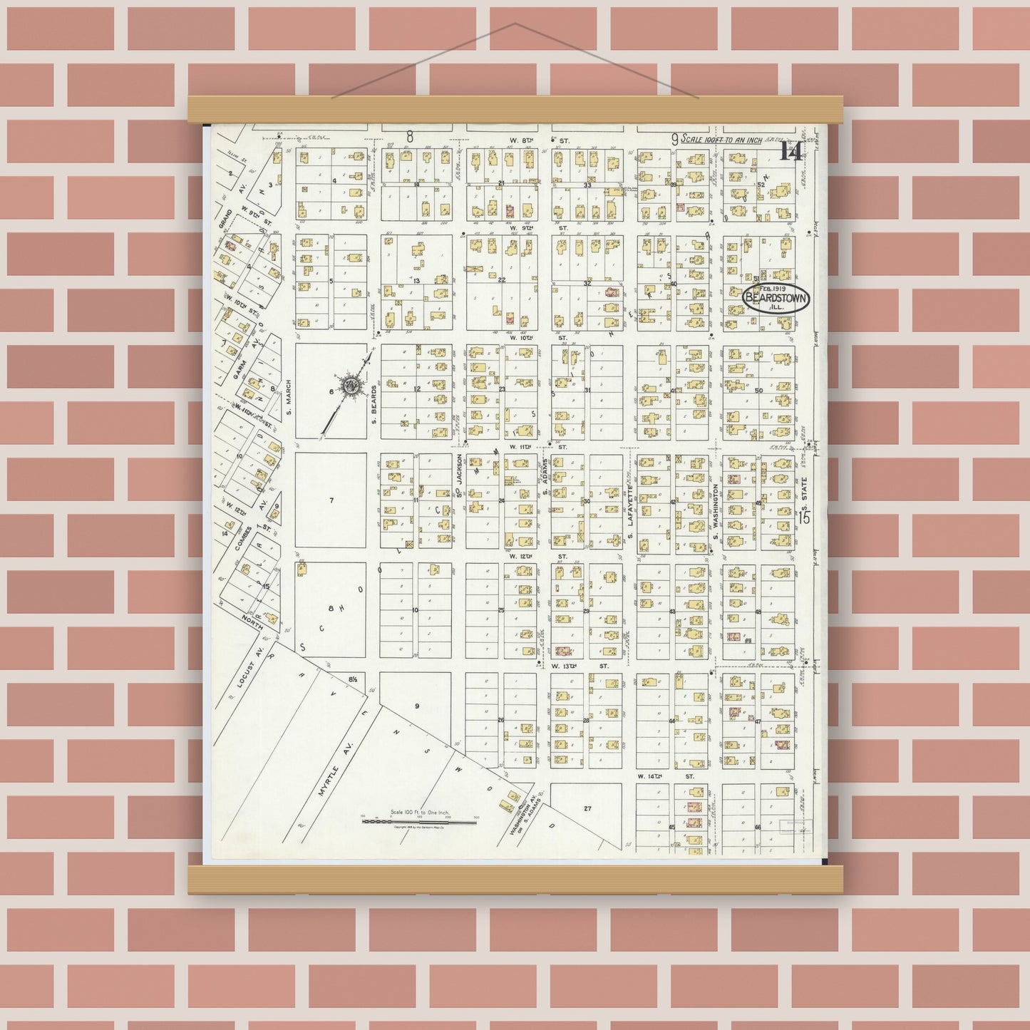 Old map wall art mockup — magnetic wood frame on brick wall — Sanborn Fire Insurance Map from Beardstown, Cass County, Illinois (1919), Sheet #0014