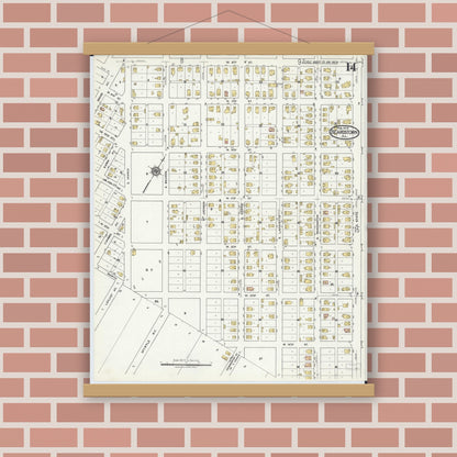 Old map wall art mockup — magnetic wood frame on brick wall — Sanborn Fire Insurance Map from Beardstown, Cass County, Illinois (1919), Sheet #0014