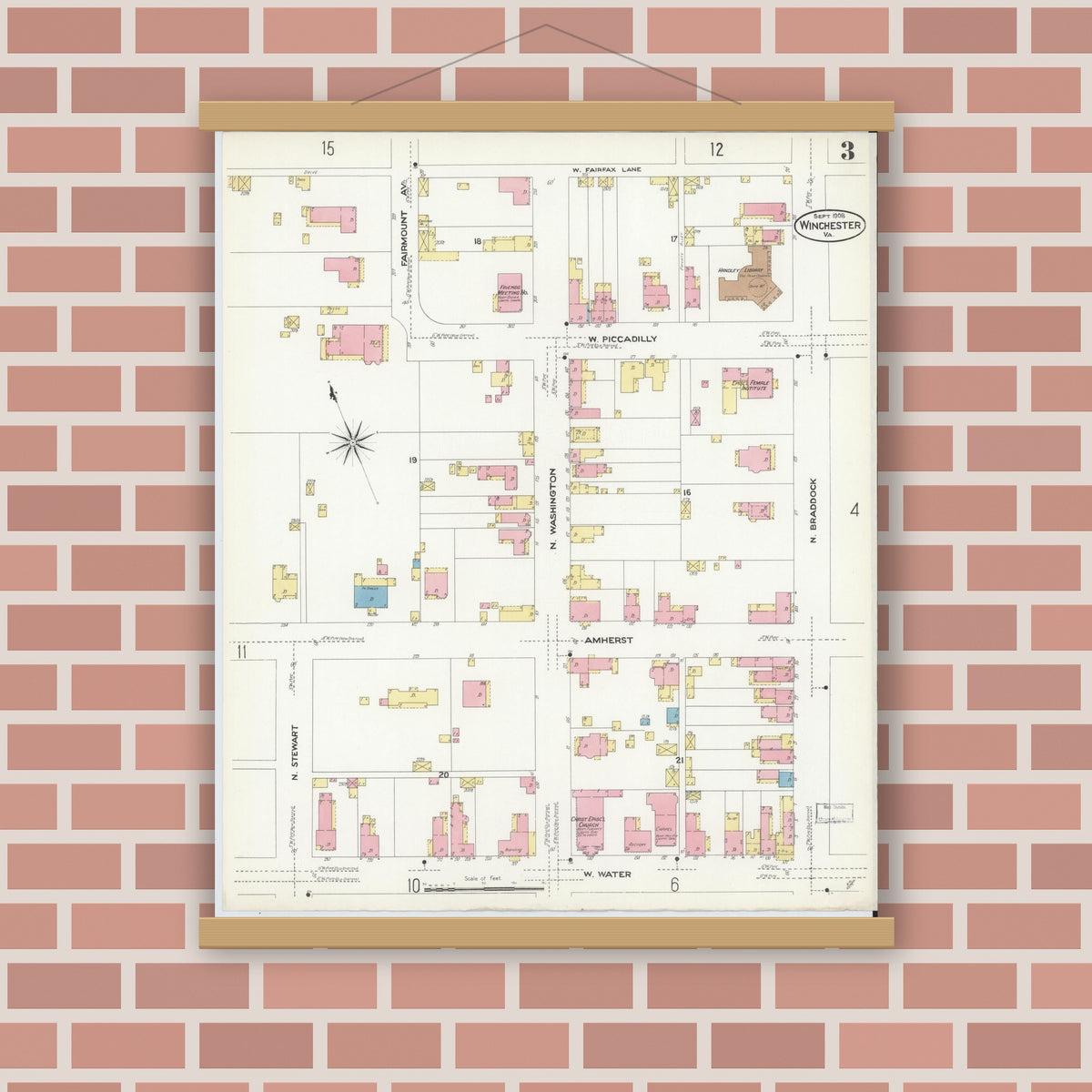 Old map wall art mockup — magnetic wood frame on brick wall — Sanborn Fire Insurance Map from Winchester, Independent Cities, Virginia (1908), Sheet #0003