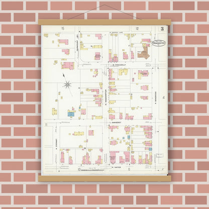 Old map wall art mockup — magnetic wood frame on brick wall — Sanborn Fire Insurance Map from Winchester, Independent Cities, Virginia (1908), Sheet #0003