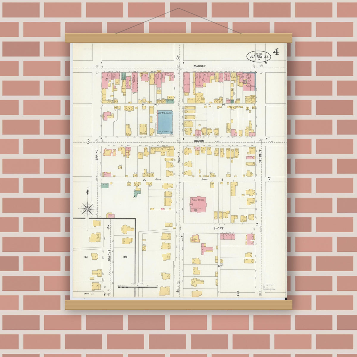 Old map wall art mockup — magnetic wood frame on brick wall — Sanborn Fire Insurance Map from Blairsville, Indiana County, Pennsylvania (1903), Sheet #0004