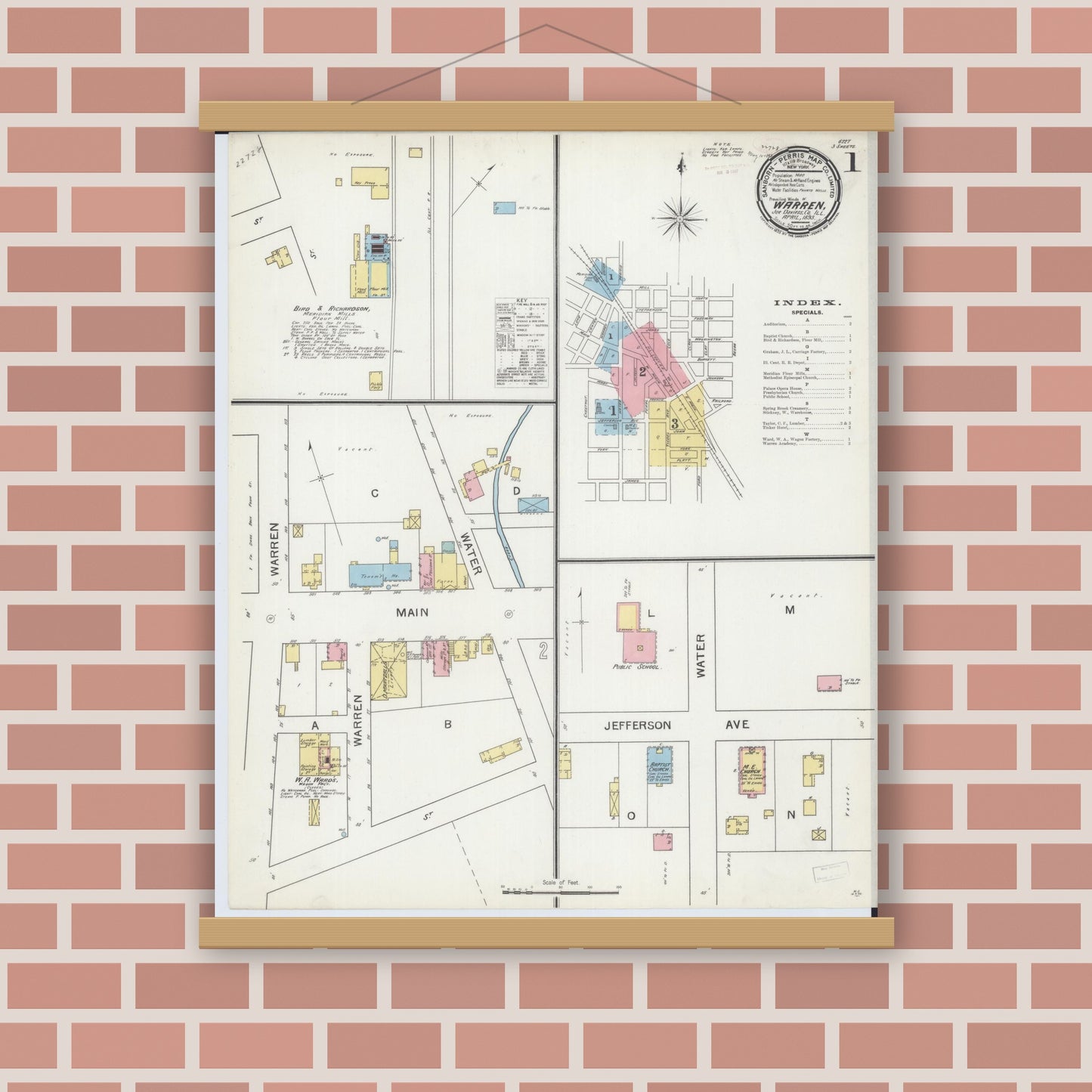 Old map wall art mockup — magnetic wood frame on brick wall — Sanborn Fire Insurance Map from Warren, Jo Daviess County, Illinois (1893), Sheet #0001