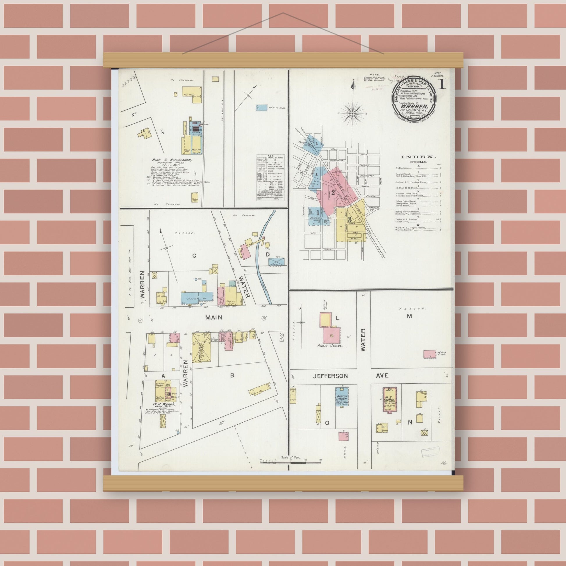 Old map wall art mockup — magnetic wood frame on brick wall — Sanborn Fire Insurance Map from Warren, Jo Daviess County, Illinois (1893), Sheet #0001