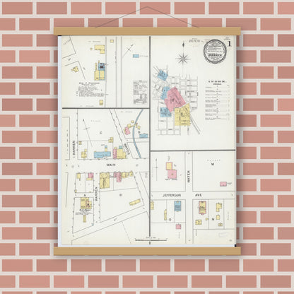 Old map wall art mockup — magnetic wood frame on brick wall — Sanborn Fire Insurance Map from Warren, Jo Daviess County, Illinois (1893), Sheet #0001
