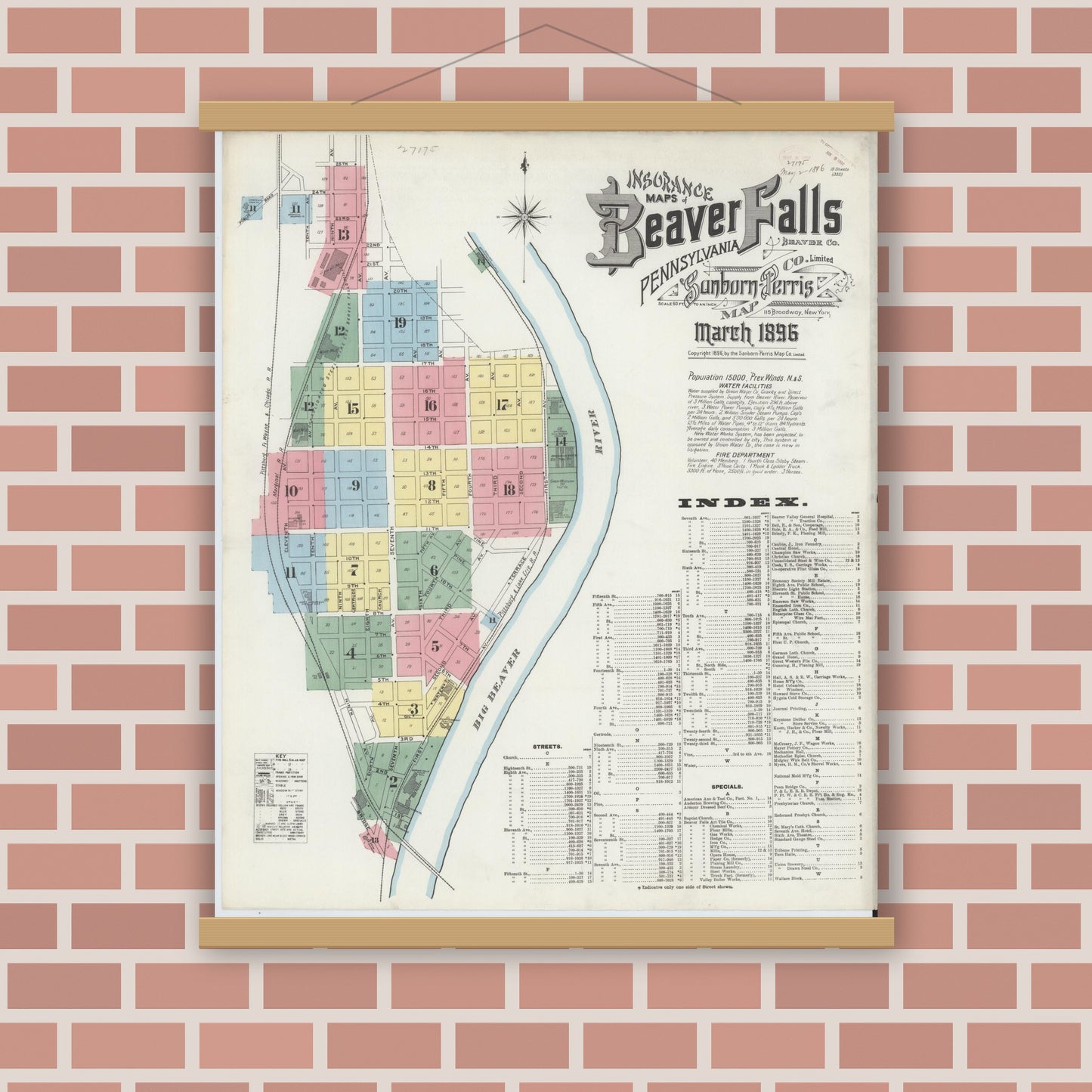 Old map wall art mockup — magnetic wood frame on brick wall — Sanborn Fire Insurance Map from Beaver Falls, Beaver County, Pennsylvania (1896), Sheet #0001