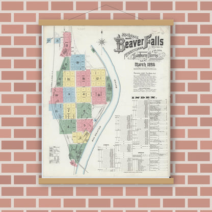 Old map wall art mockup — magnetic wood frame on brick wall — Sanborn Fire Insurance Map from Beaver Falls, Beaver County, Pennsylvania (1896), Sheet #0001